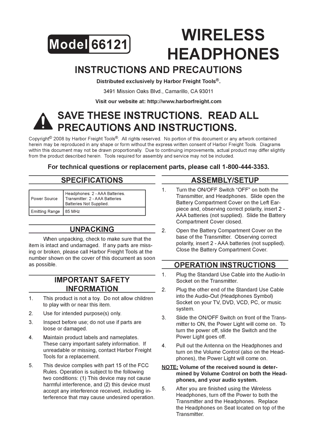 Harbor Freight Tools 66121 specifications Specifications, Unpacking, Important Safety Information, Assembly/Setup 