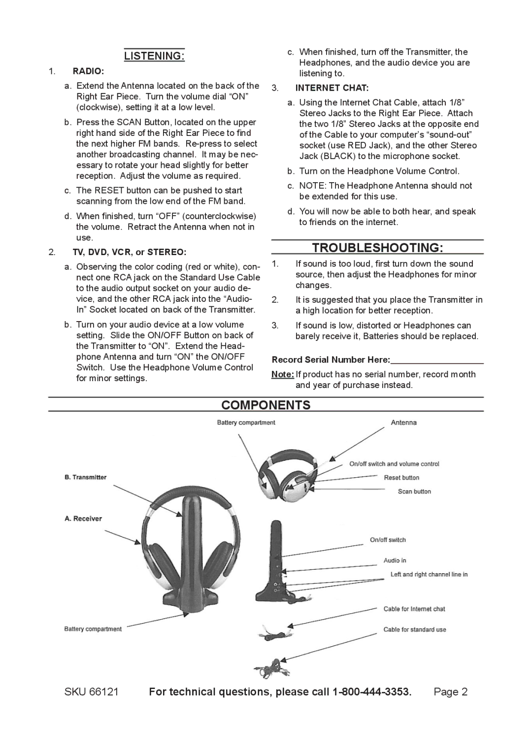 Harbor Freight Tools 66121 specifications Troubleshooting, Components, Radio, Internet Chat 