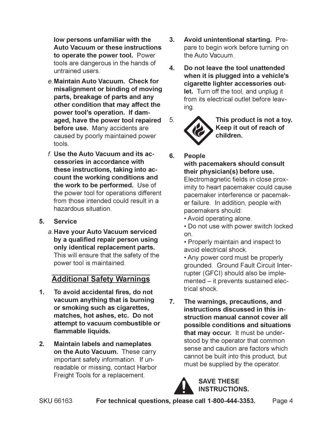 Harbor Freight Tools 66163 operating instructions Additional Safety Warnings 