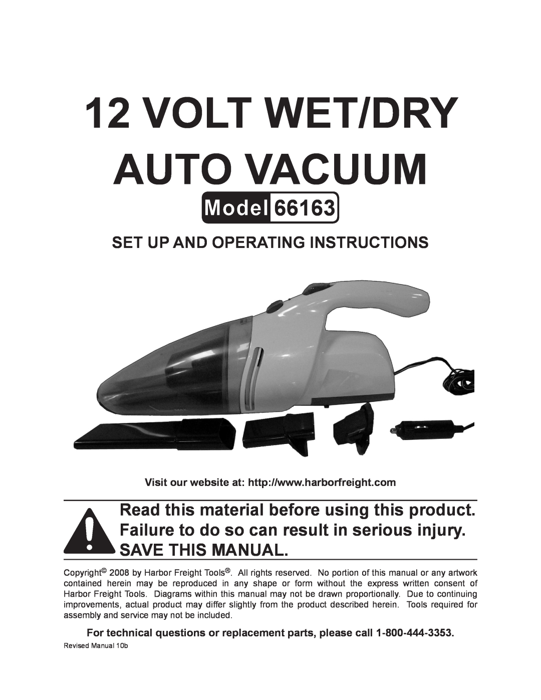 Harbor Freight Tools 66163 operating instructions Volt Wet/Dry Auto Vacuum, Set up and Operating Instructions 