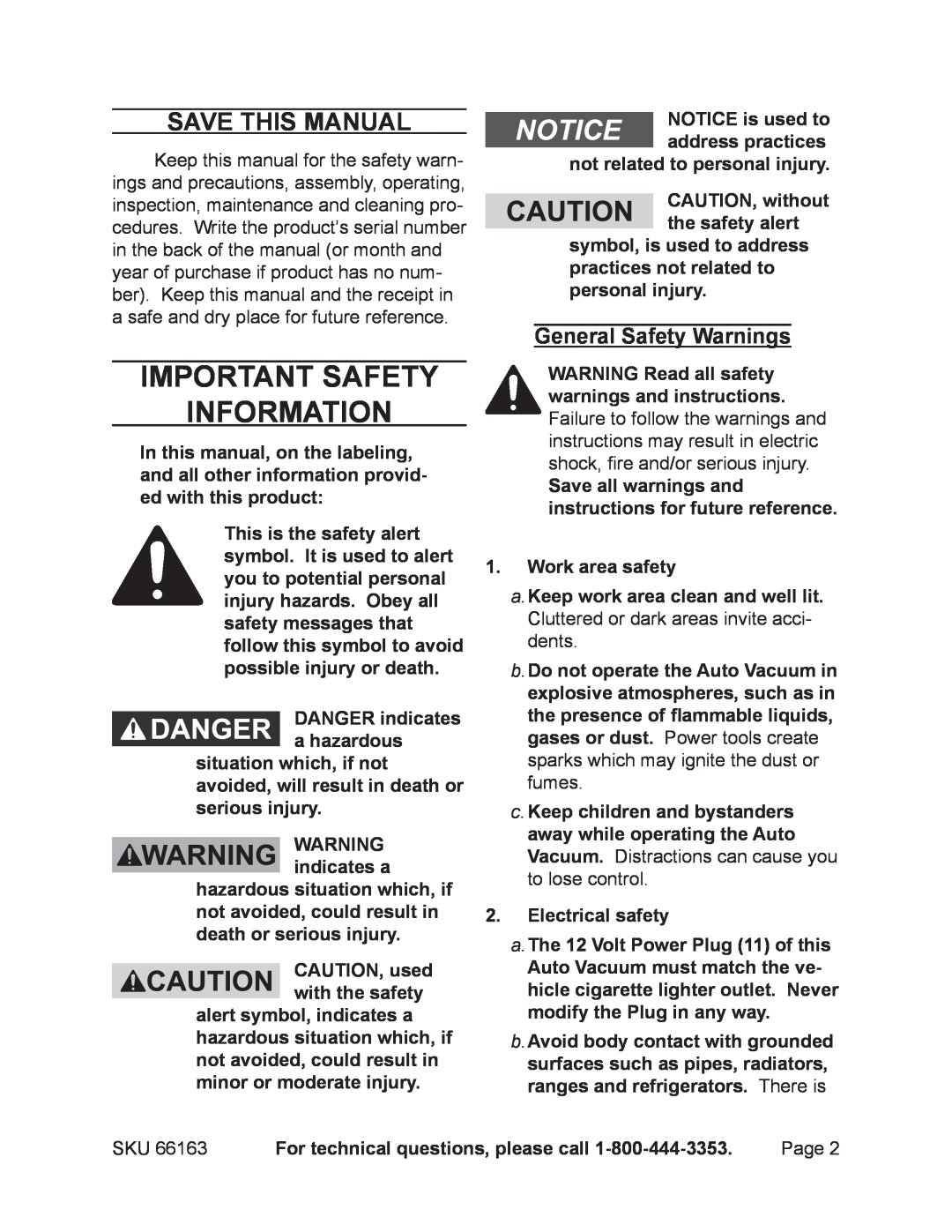 Harbor Freight Tools 66163 operating instructions Important SAFETY Information, Save This Manual, General Safety Warnings 