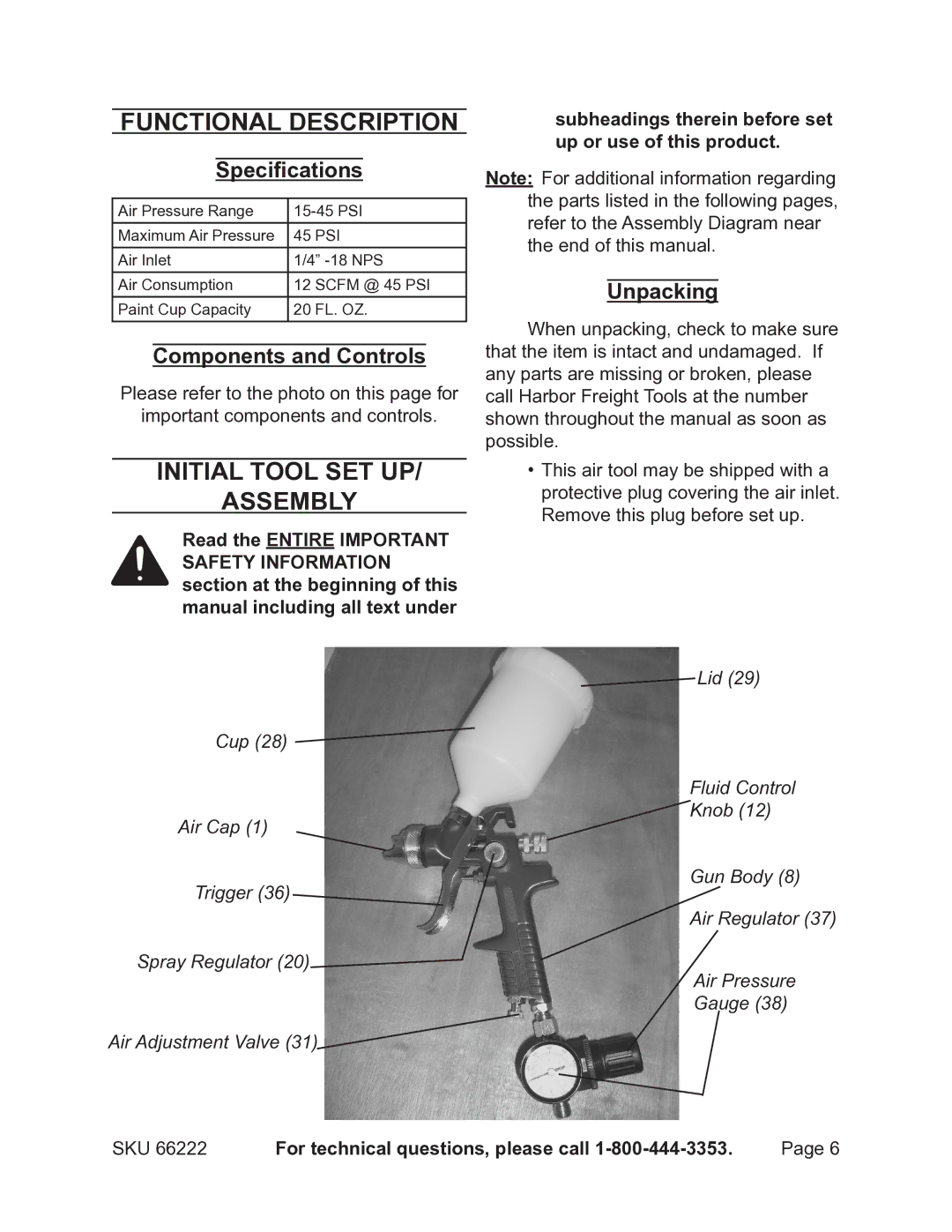 Harbor Freight Tools 66222 Functional Description, Initial Tool Set Up Assembly, Specifications, Components and Controls 