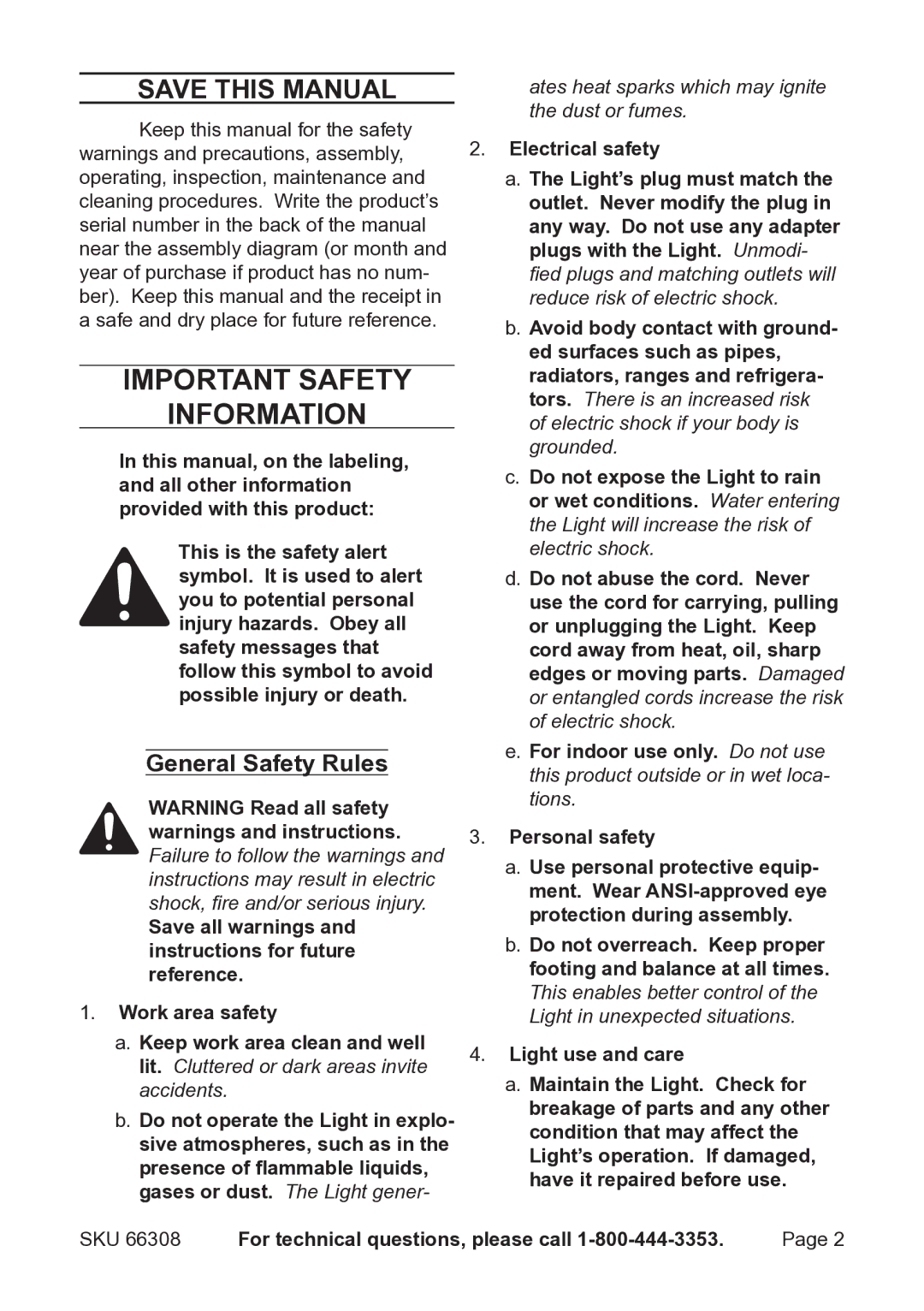 Harbor Freight Tools 66308 operating instructions Save This Manual, General Safety Rules 