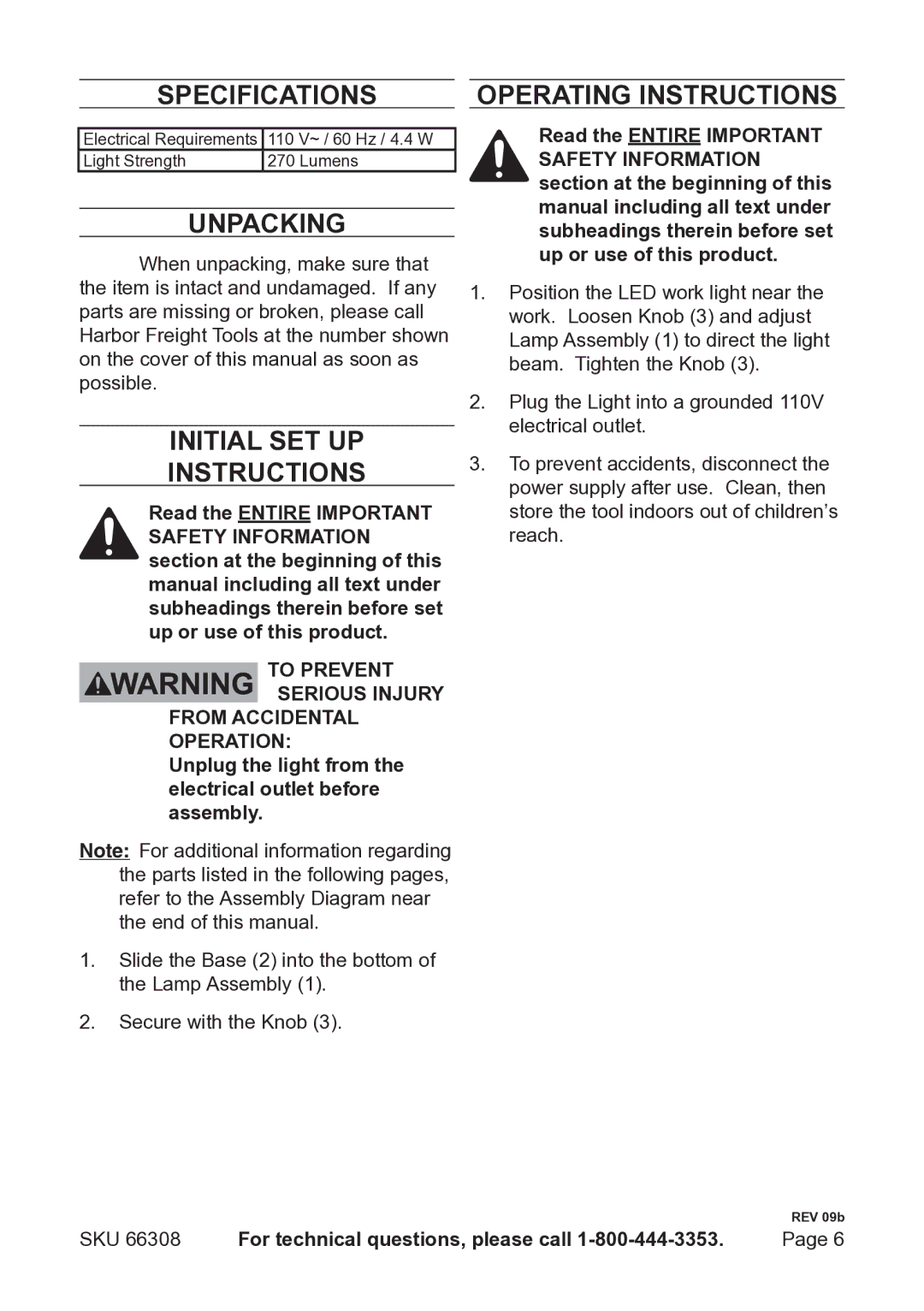 Harbor Freight Tools 66308 Specifications, Unpacking, Initial Set Up Instructions, Operating Instructions 