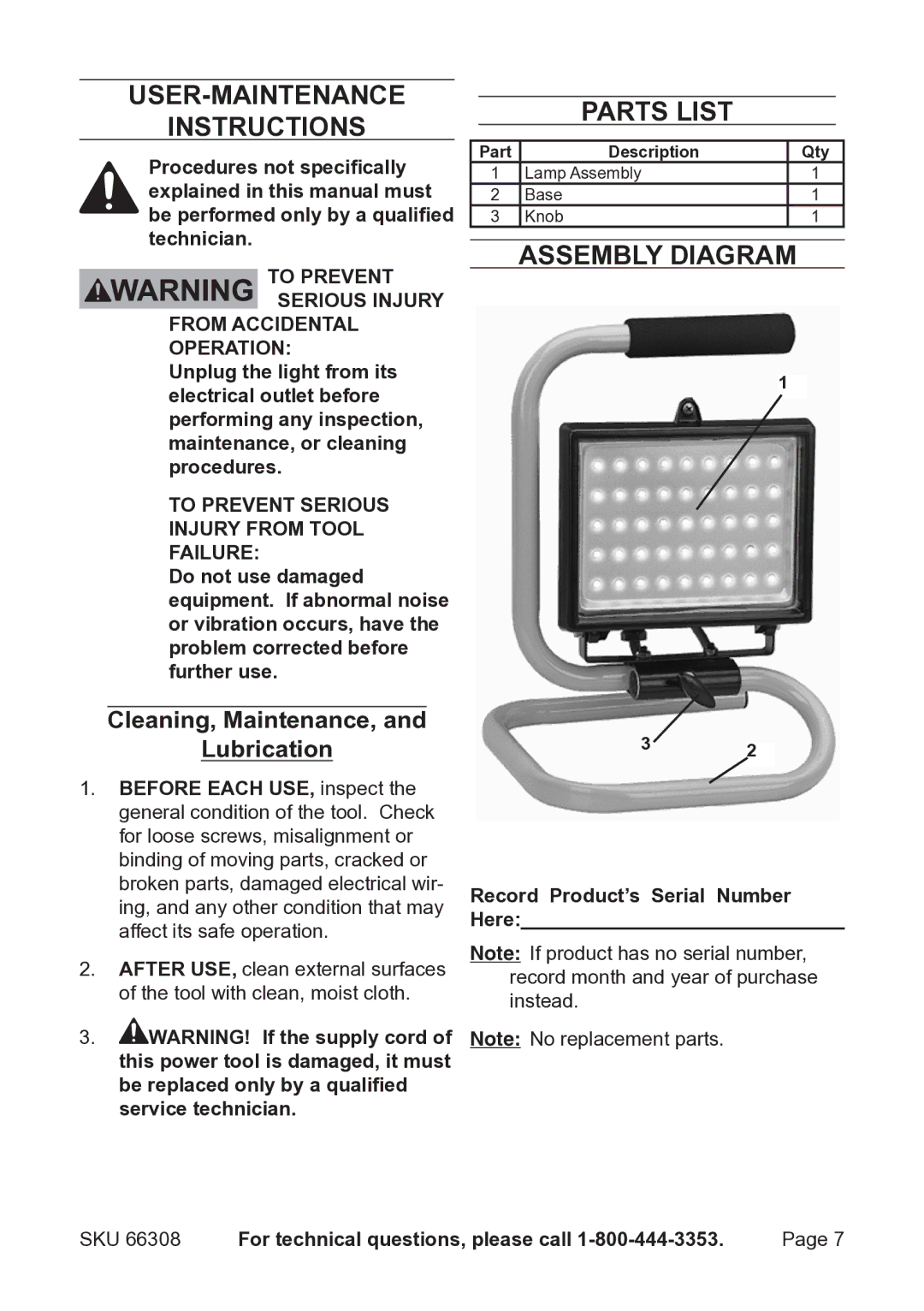 Harbor Freight Tools 66308 operating instructions User-Maintenance Instructions, Cleaning, Maintenance, Lubrication 