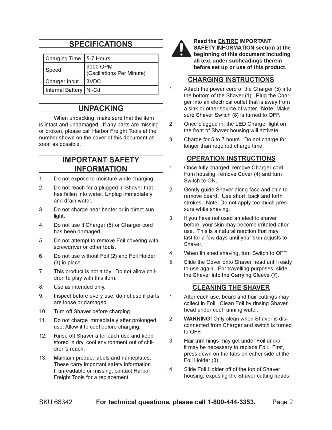 Harbor Freight Tools 66342 manual Specifications, Unpacking, Important Safety Information 