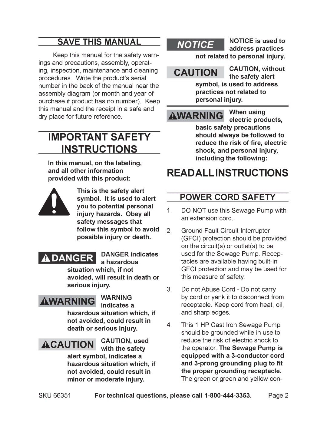 Harbor Freight Tools 66351 manual Save This Manual, Power Cord Safety, For technical questions, please call 