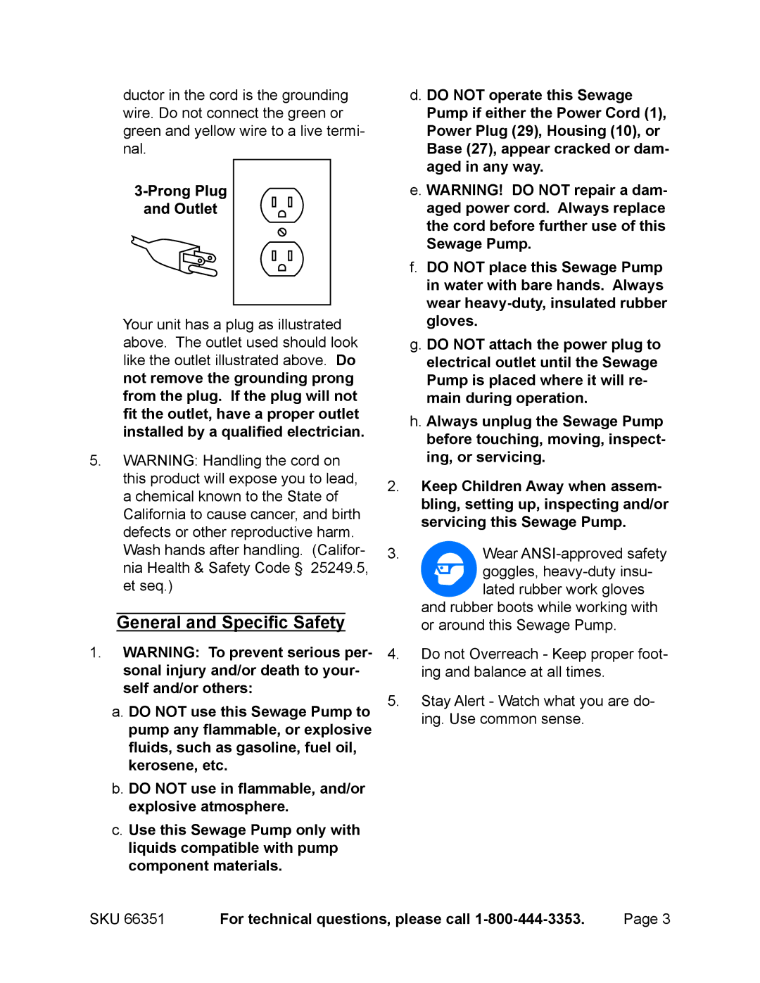 Harbor Freight Tools 66351 manual General and Specific Safety 