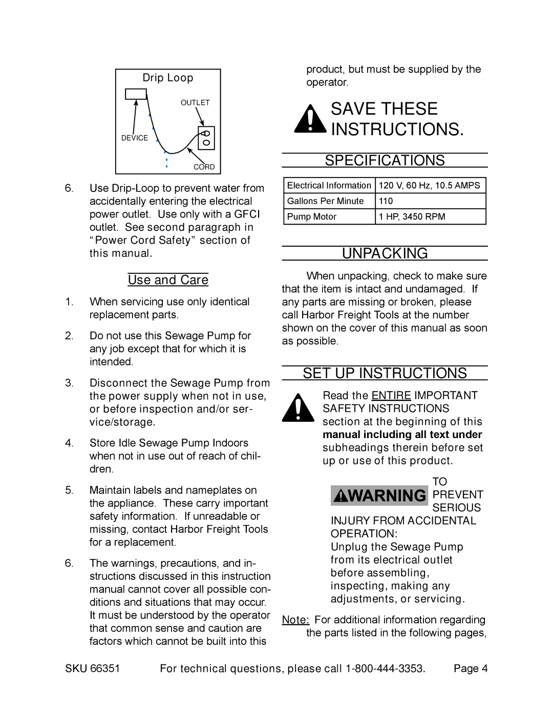 Harbor Freight Tools 66351 manual Specifications, Unpacking, Set Up Instructions, Use and Care, Drip Loop 