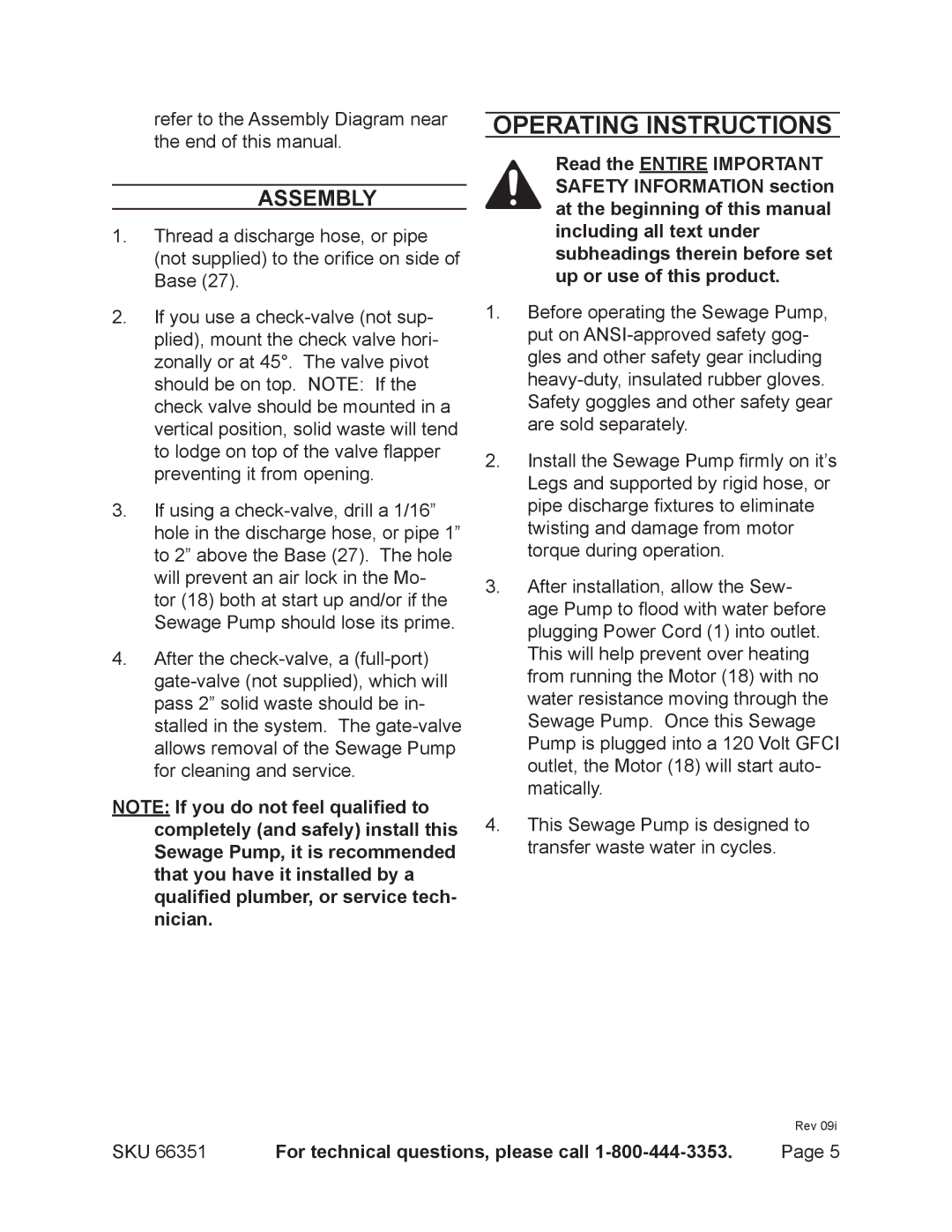 Harbor Freight Tools 66351 manual Operating Instructions, Assembly 