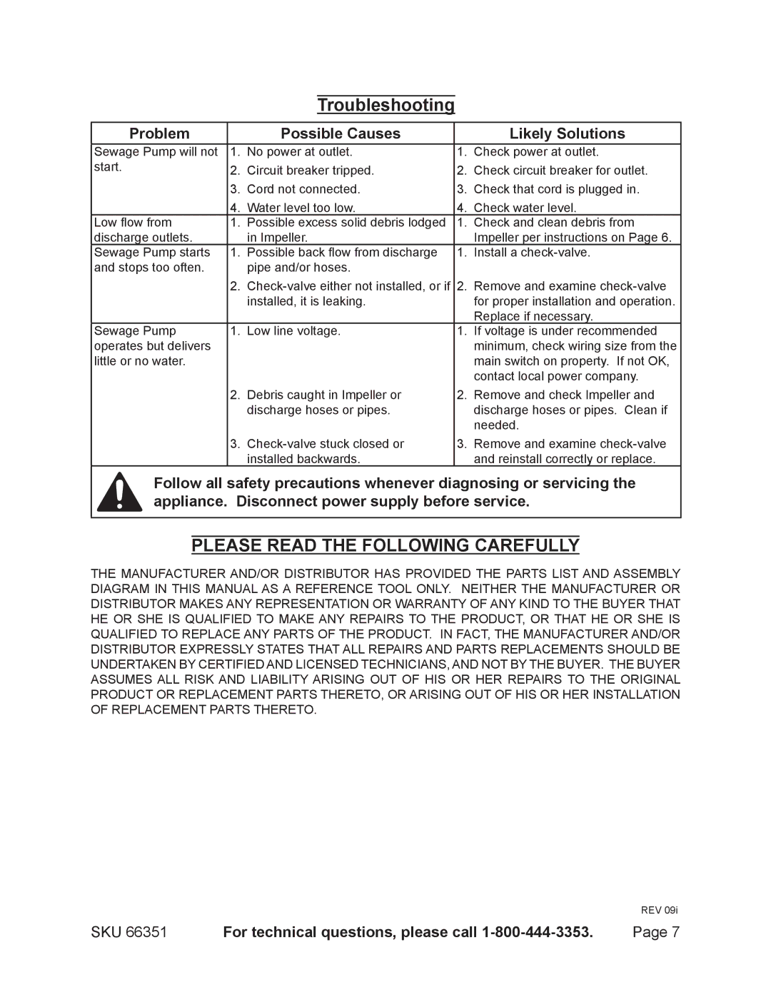 Harbor Freight Tools 66351 manual Troubleshooting, Problem Possible Causes Likely Solutions 