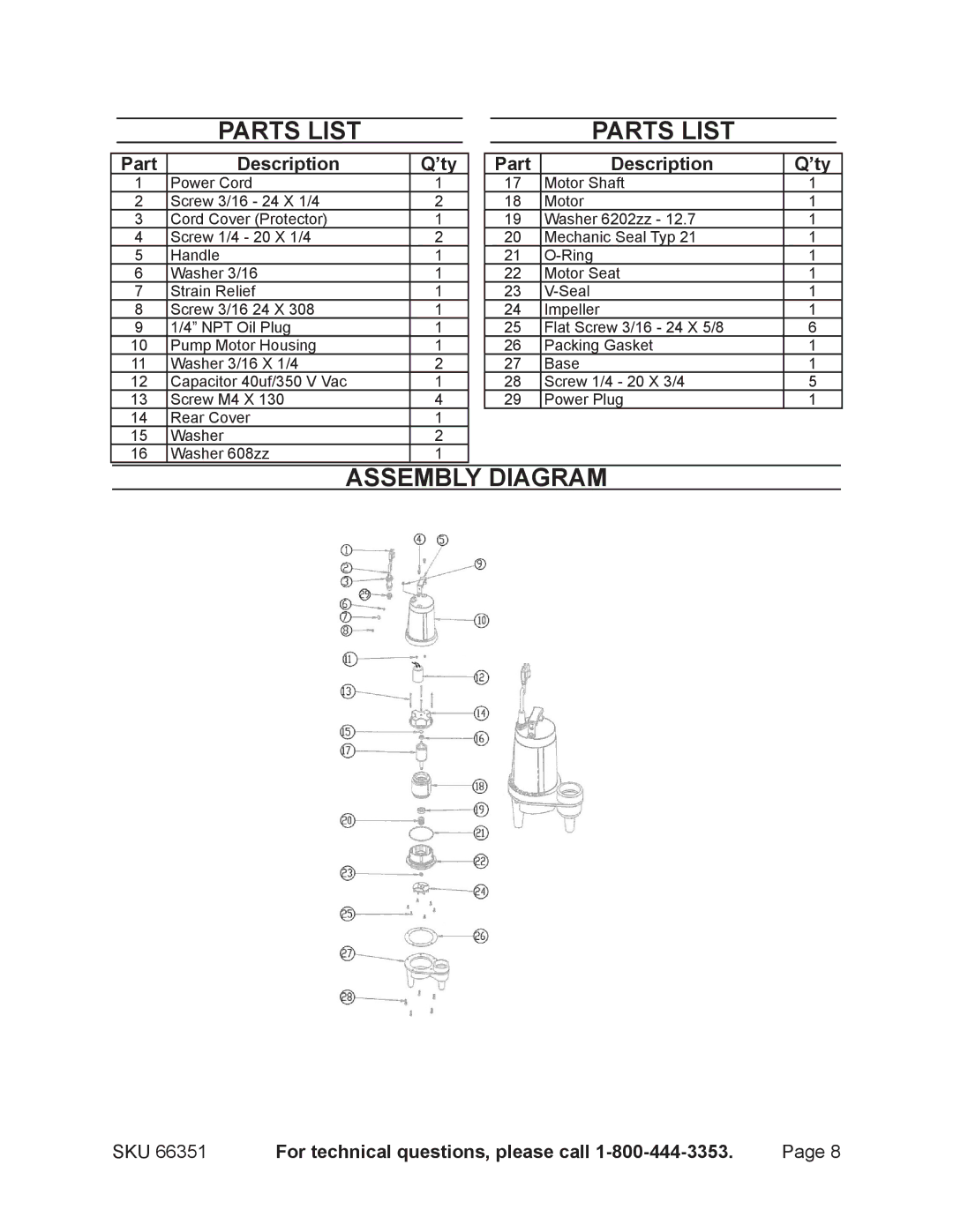 Harbor Freight Tools 66351 manual AsSEMBLY Diagram, Part Description ’ty 