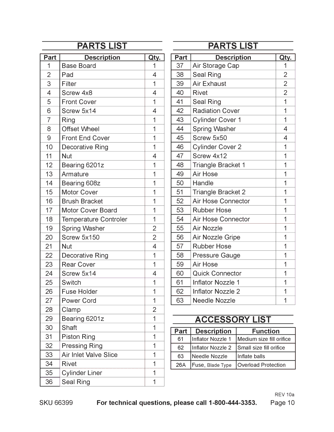 Harbor Freight Tools 66399 operating instructions Parts List, Accessory List, Part Description Qty 