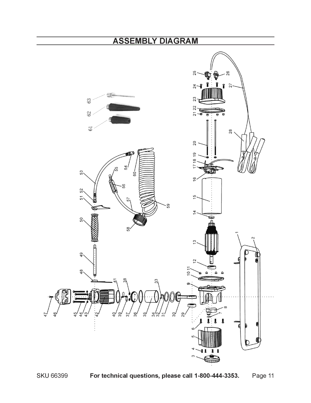 Harbor Freight Tools 66399 operating instructions Assembly Diagram, SKU For technical questions, please call 