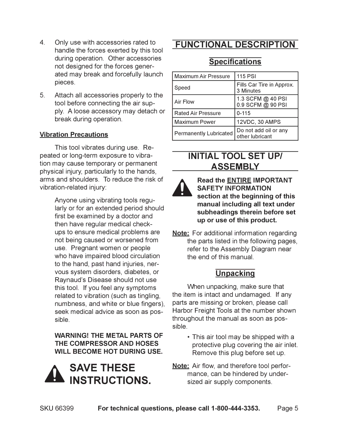 Harbor Freight Tools 66399 Functional Description, Initial Tool Set Up Assembly, Specifications, Unpacking 