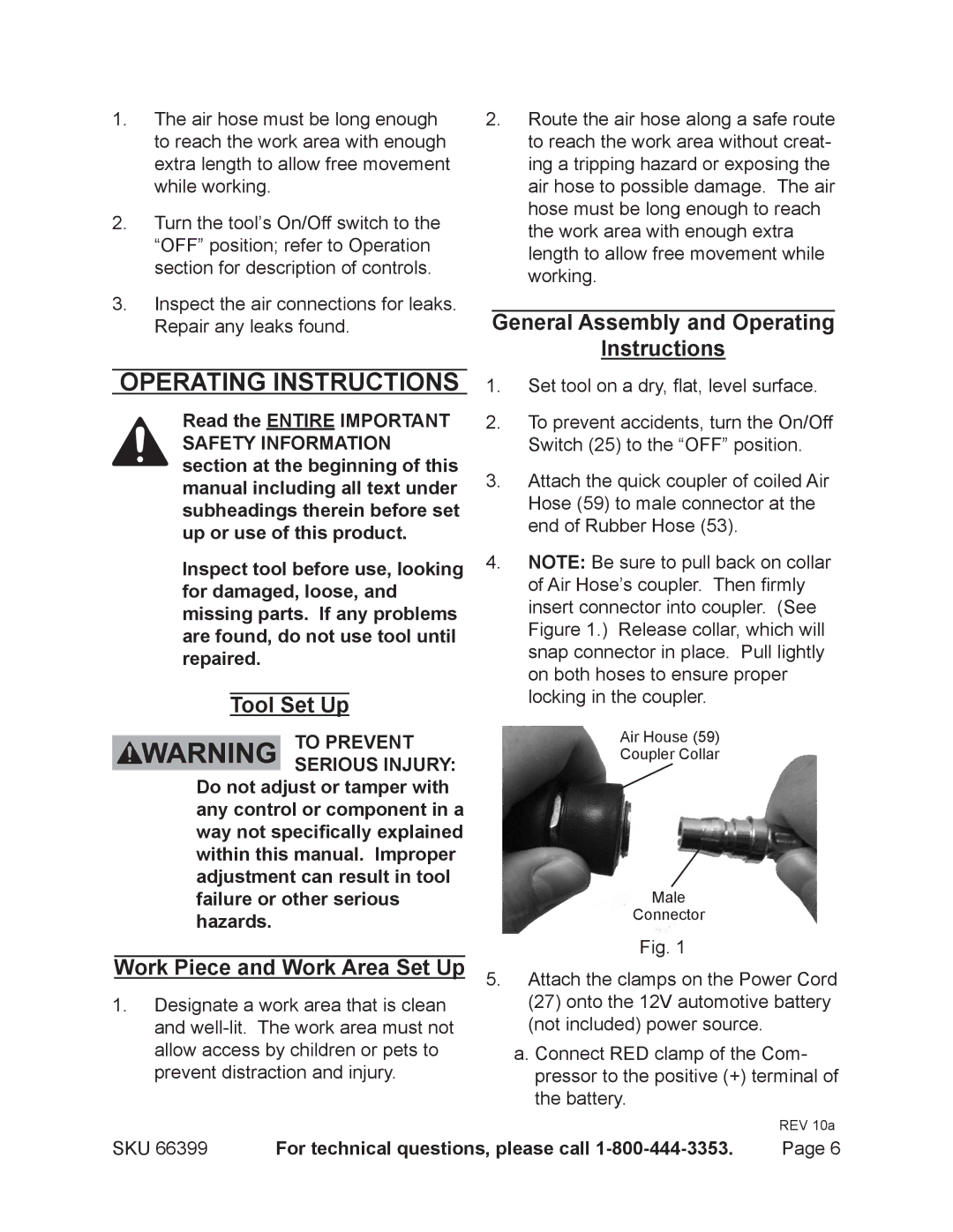 Harbor Freight Tools 66399 operating instructions Operating Instructions, Tool Set Up, Work Piece and Work Area Set Up 