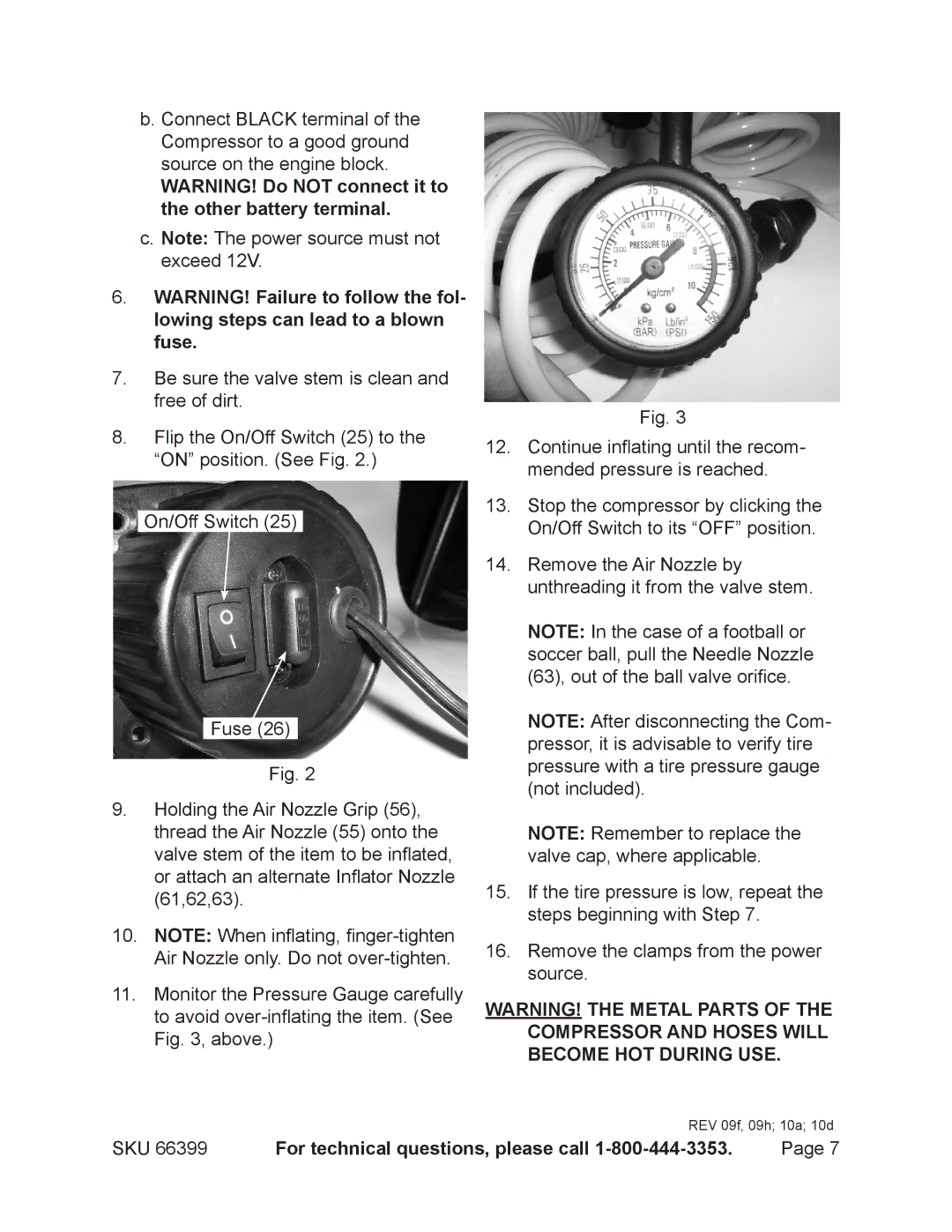 Harbor Freight Tools 66399 operating instructions REV 09f, 09h 10a 10d 