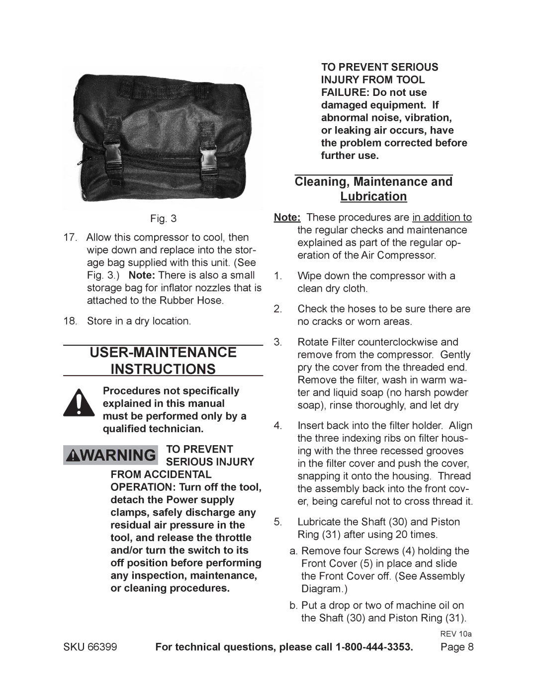 Harbor Freight Tools 66399 operating instructions User-Maintenance Instructions, Cleaning, Maintenance Lubrication 