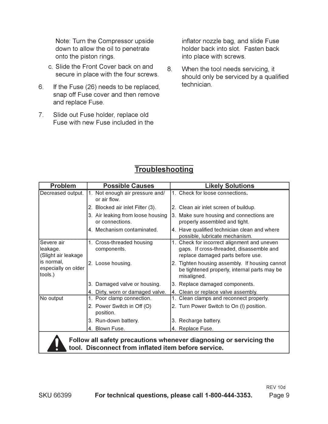 Harbor Freight Tools 66399 operating instructions Troubleshooting, Problem Possible Causes Likely Solutions 