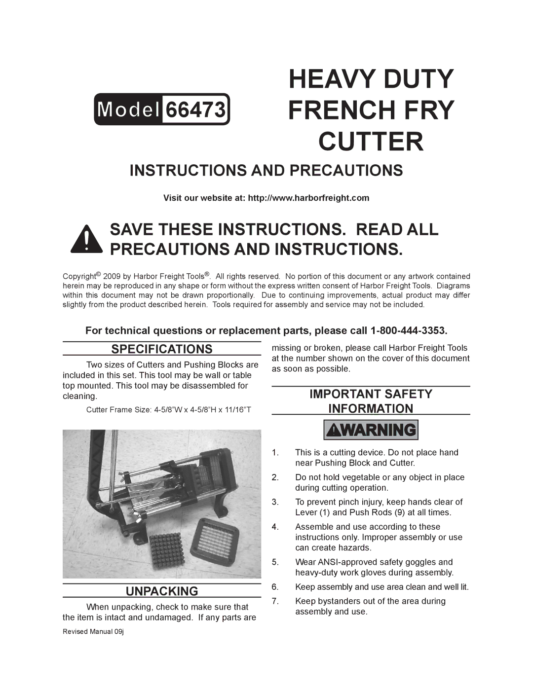 Harbor Freight Tools 66473 specifications Specifications, Unpacking, Important Safety Information 