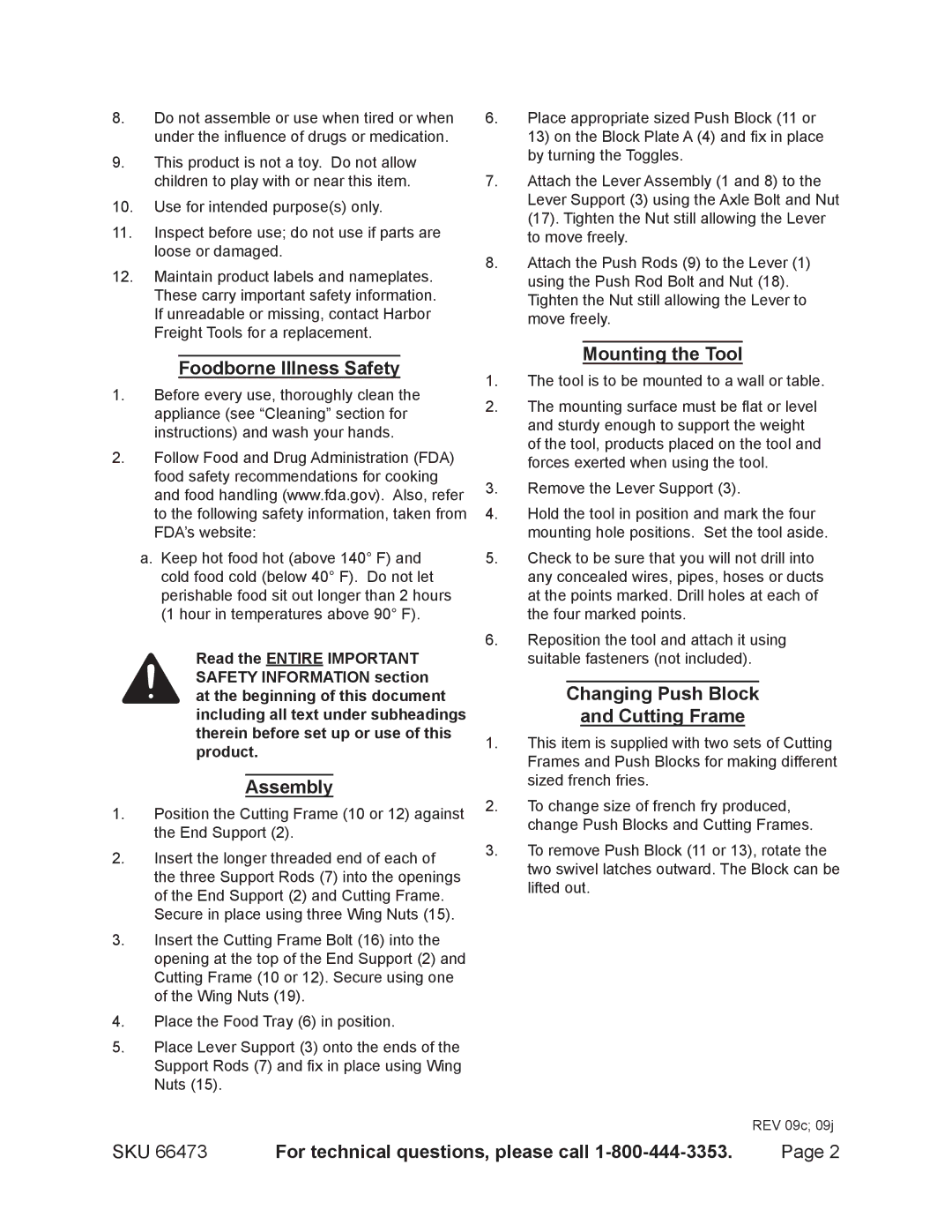 Harbor Freight Tools 66473 specifications Foodborne Illness Safety 