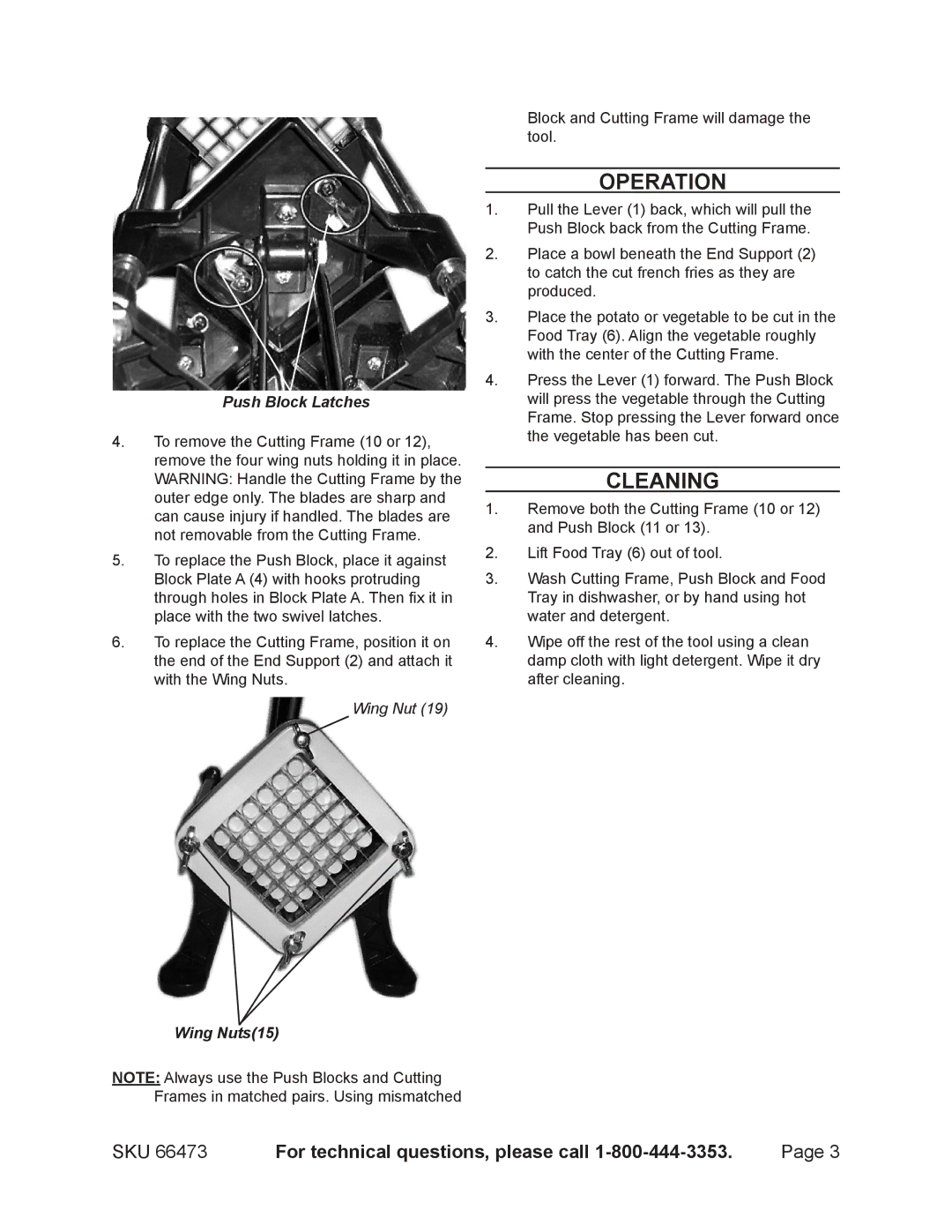 Harbor Freight Tools 66473 specifications Operation, Cleaning 