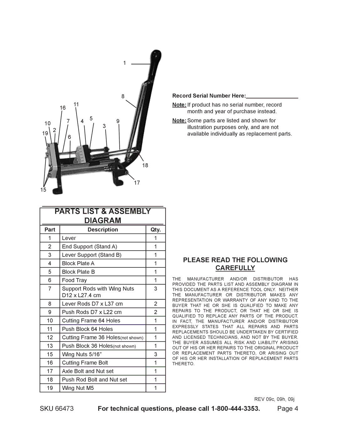 Harbor Freight Tools 66473 specifications Parts List & assembly Diagram, Part Description Qty 