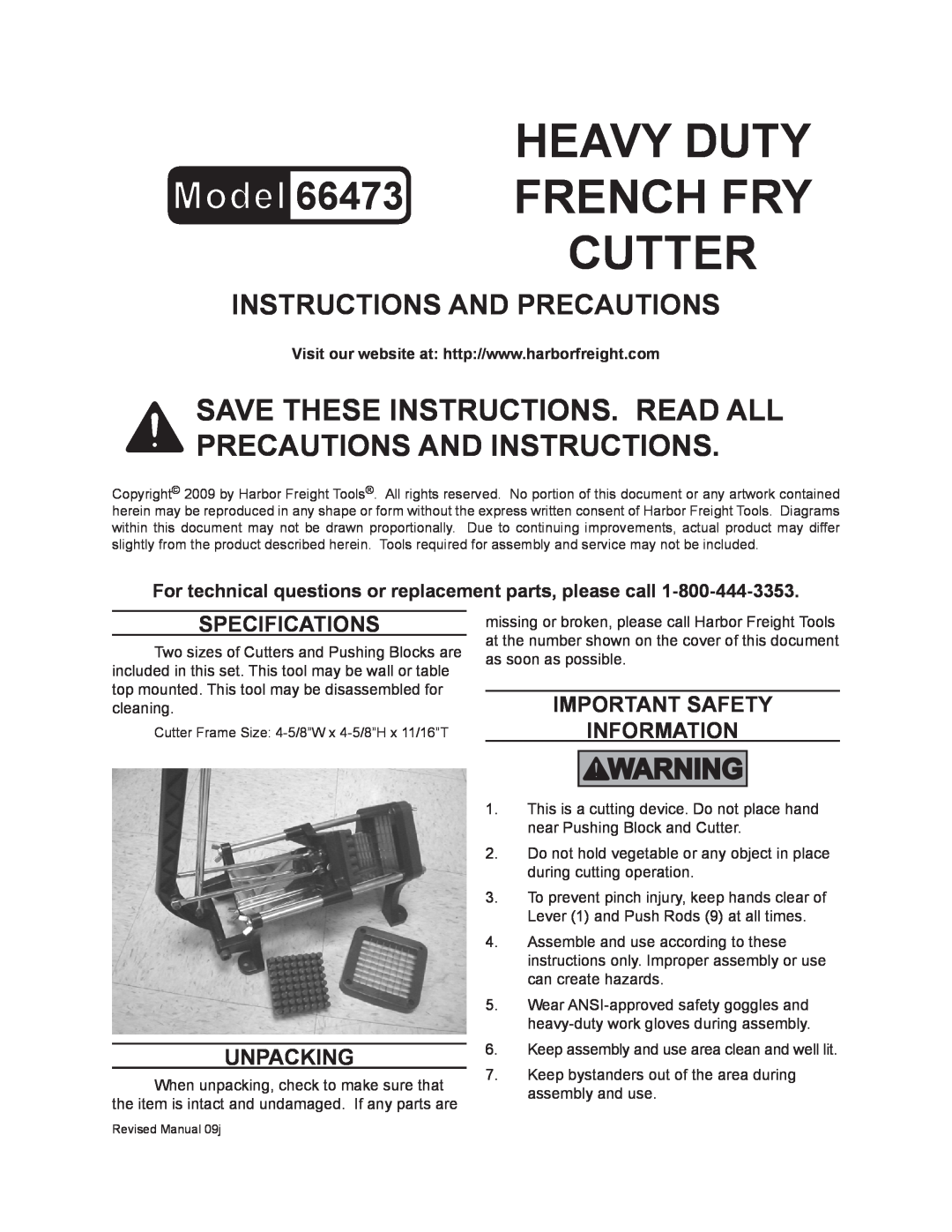 Harbor Freight Tools 66473 specifications Specifications, Unpacking, Important SAFETY Information 