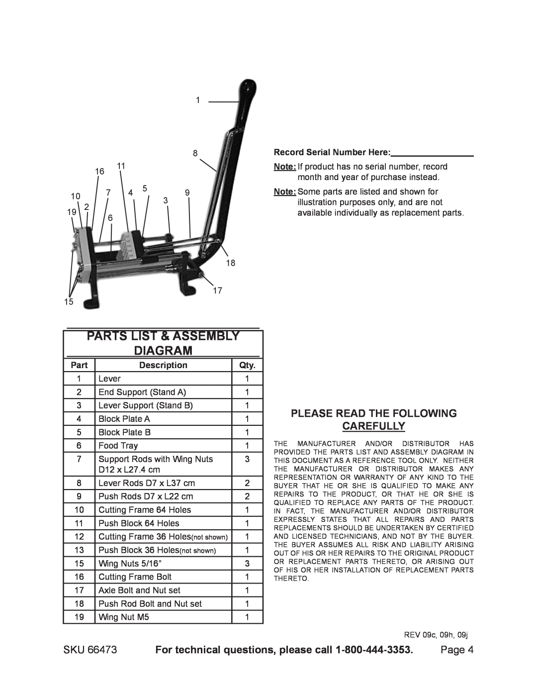 Harbor Freight Tools 66473 Parts List & assembly diagram, Please Read The Following Carefully, Record Serial Number Here 