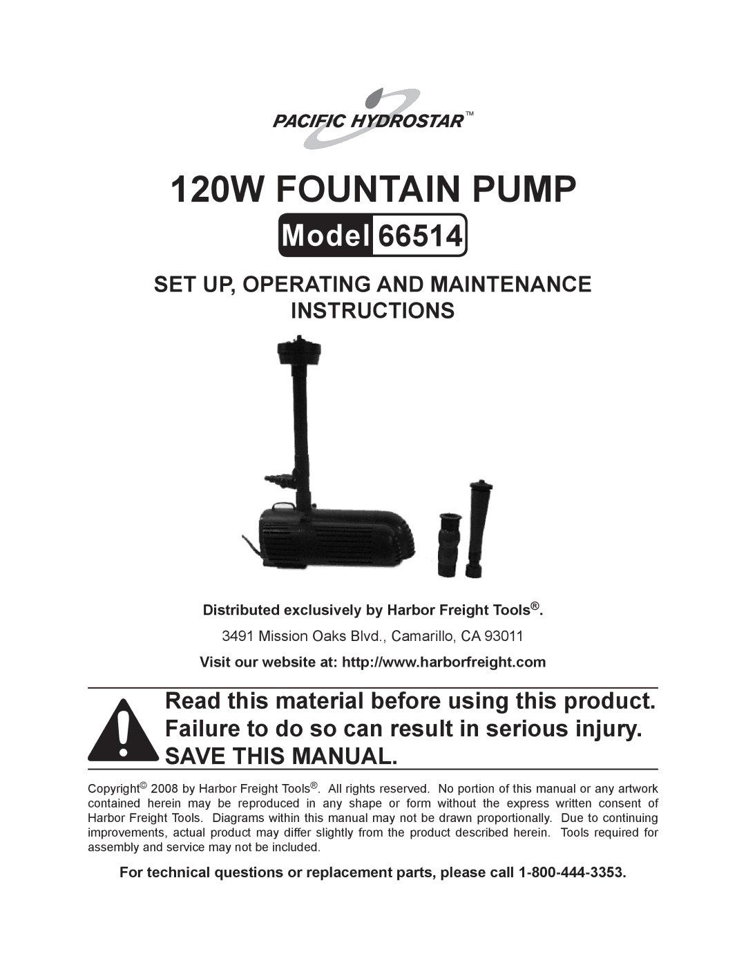 Harbor Freight Tools 66514 manual Distributed exclusively by Harbor Freight Tools 