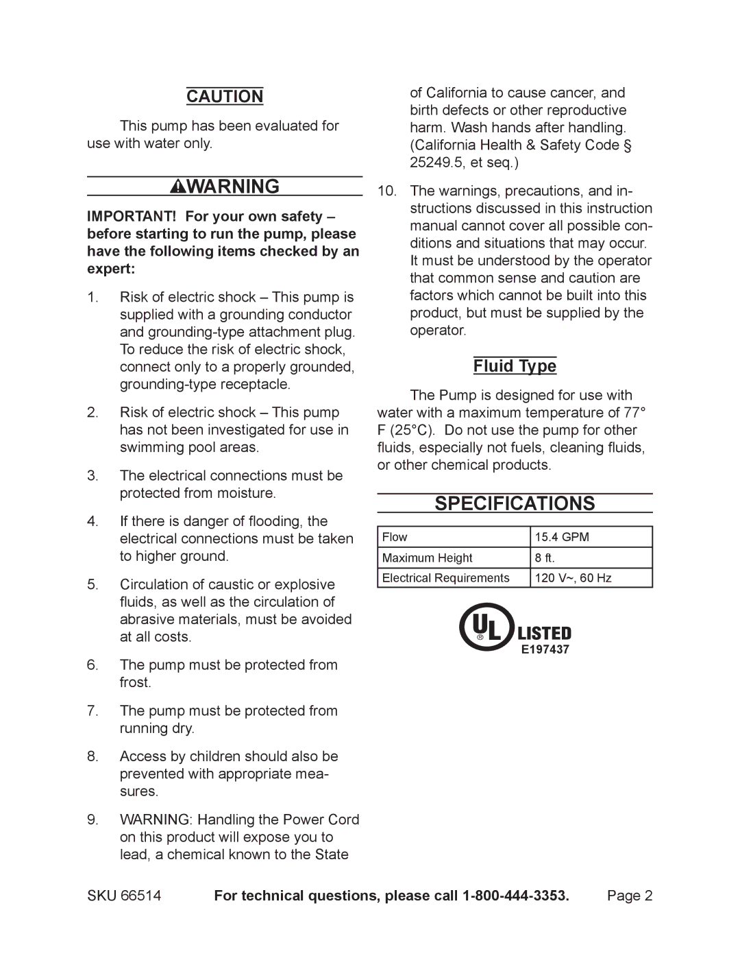 Harbor Freight Tools 66514 manual Specifications, Fluid Type, For technical questions, please call 