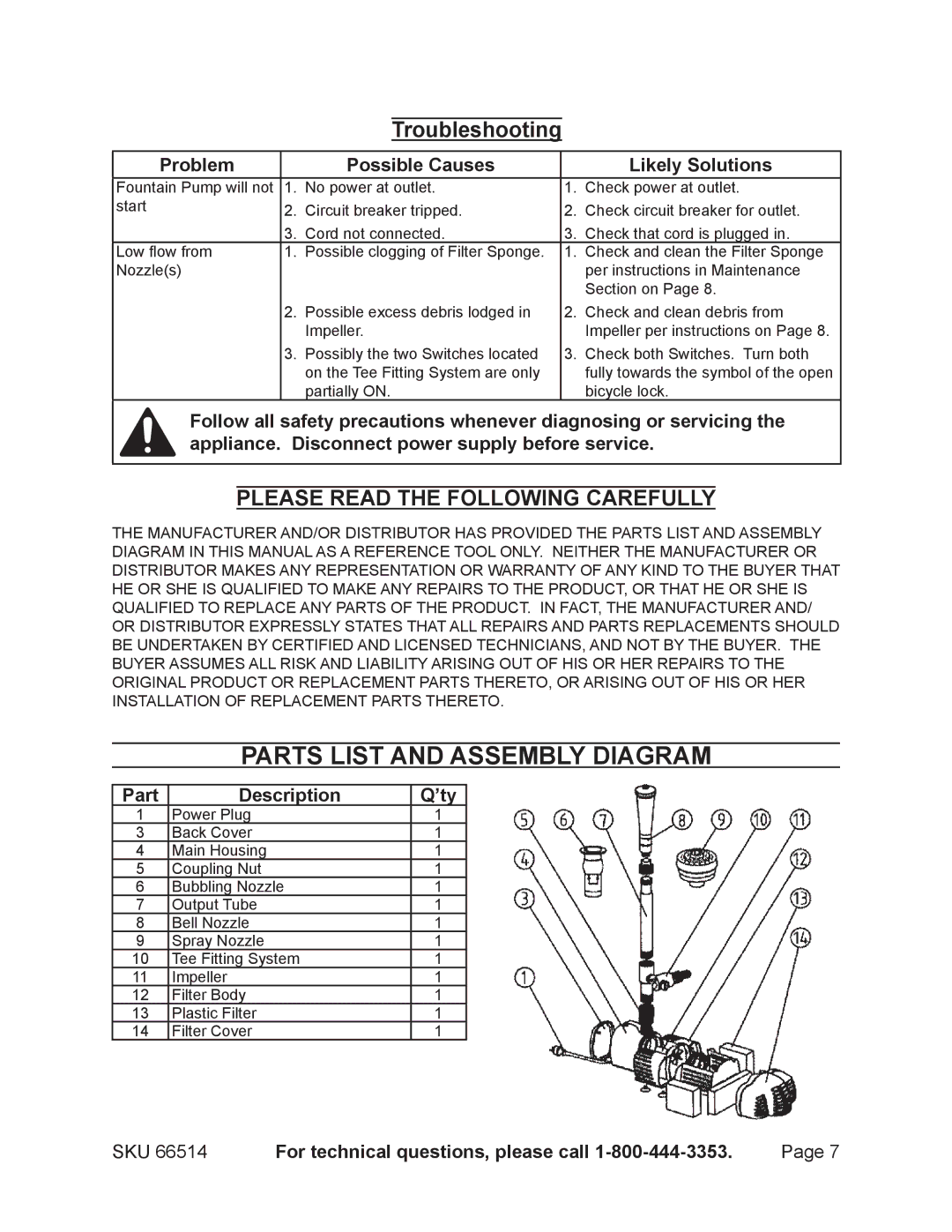 Harbor Freight Tools 66514 Parts List and Assembly Diagram, Troubleshooting, Problem Possible Causes Likely Solutions 