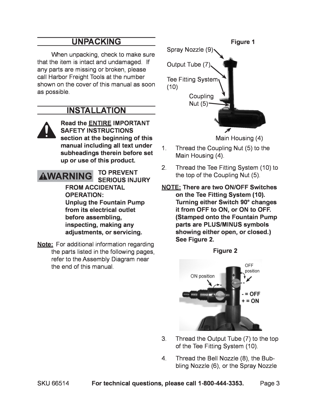 Harbor Freight Tools 66514 manual Unpacking, Installation, To prevent serious injury from accidental operation 