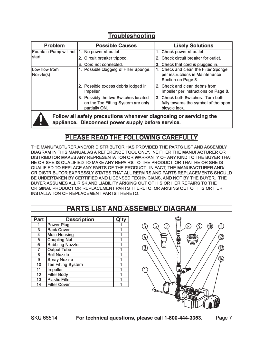 Harbor Freight Tools 66514 PARTS LIST and Assembly Diagram, Troubleshooting, Please Read The Following Carefully, Problem 