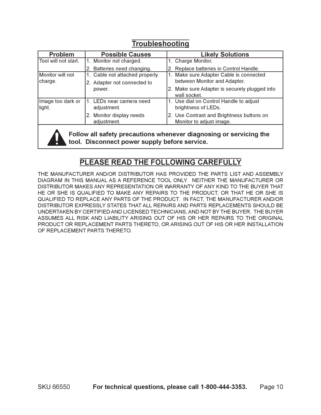 Harbor Freight Tools 66550 operating instructions Troubleshooting, Problem Possible Causes Likely Solutions 