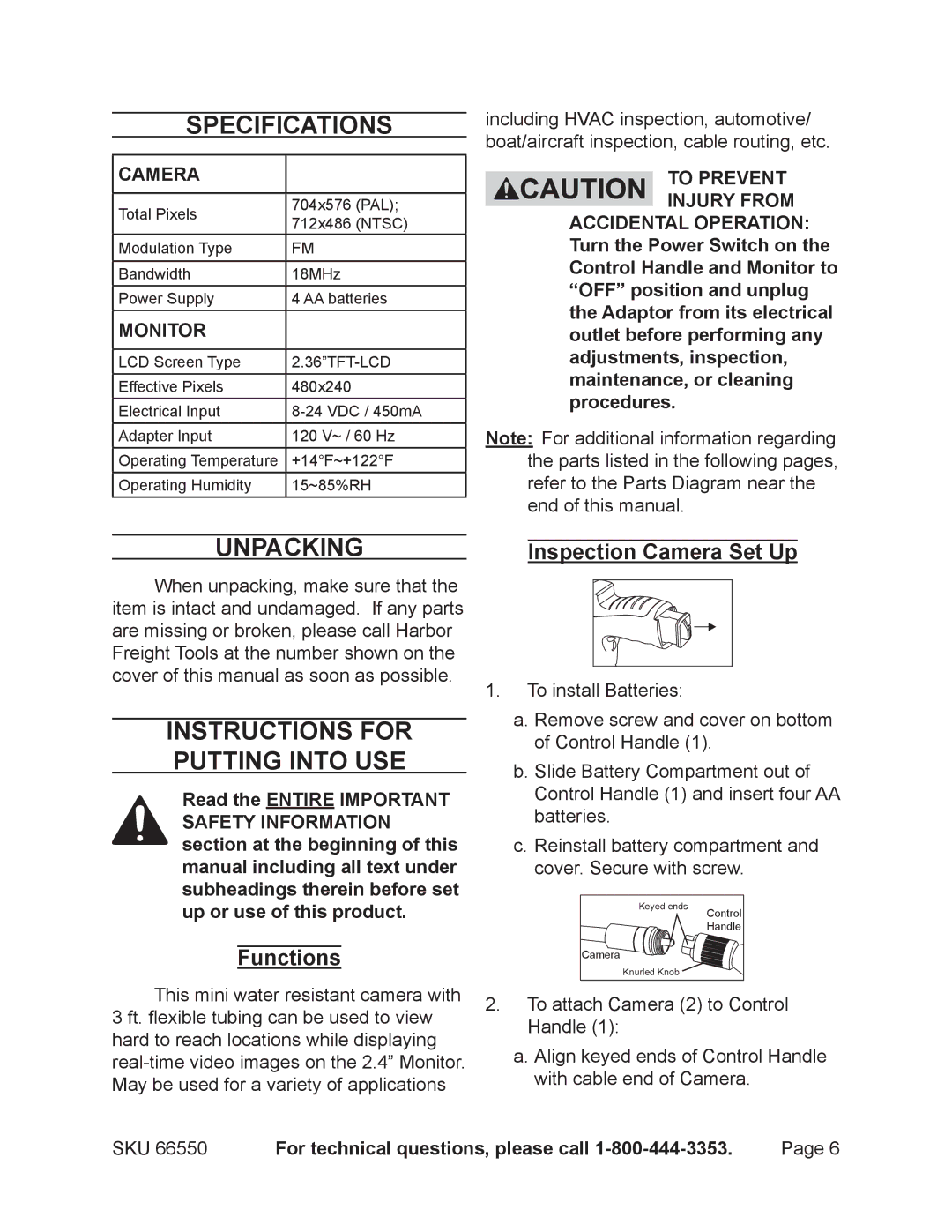 Harbor Freight Tools 66550 operating instructions Specifications, Unpacking, Instructions for putting into use, Functions 