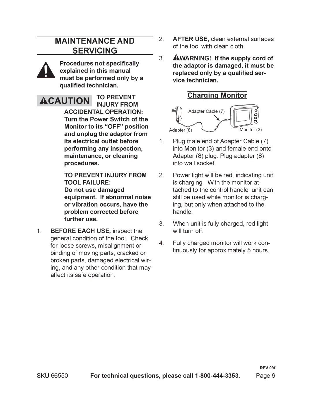 Harbor Freight Tools 66550 operating instructions Maintenance Servicing, Charging Monitor 