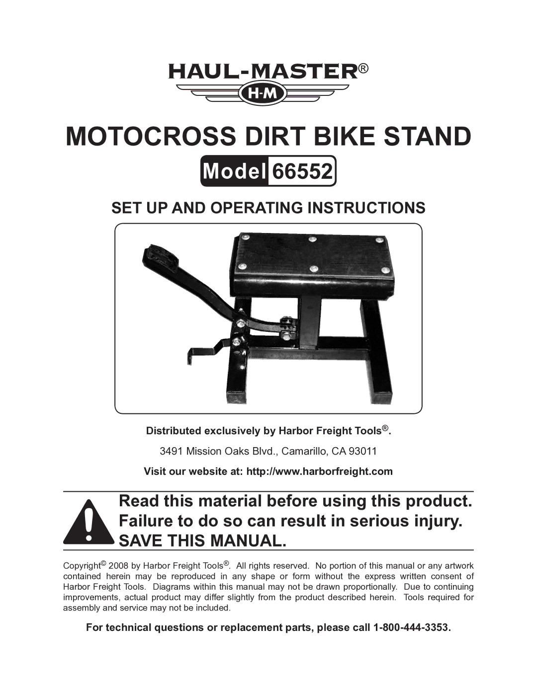 Harbor Freight Tools 66552 operating instructions Motocross dirt bike stand 