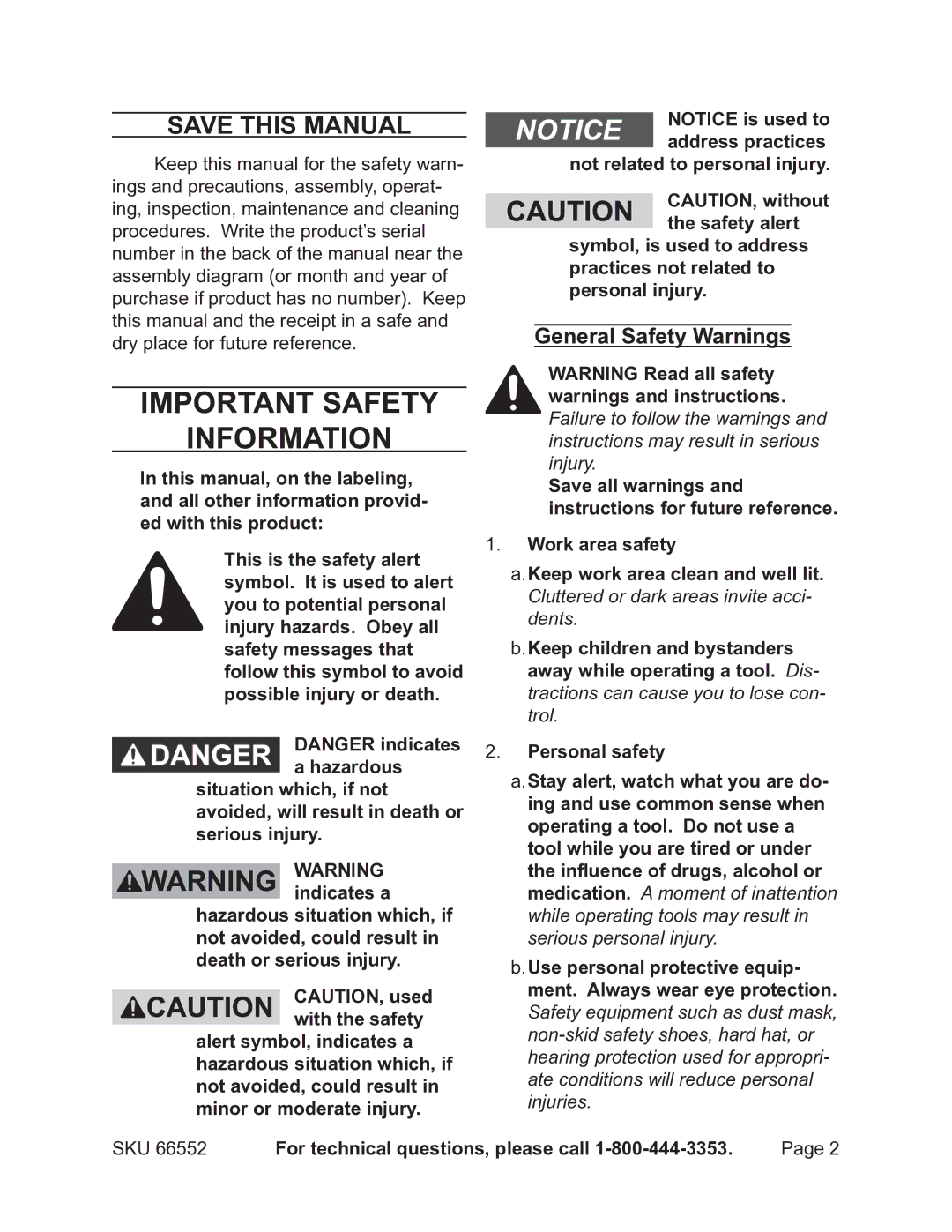 Harbor Freight Tools 66552 operating instructions Save This Manual, General Safety Warnings 