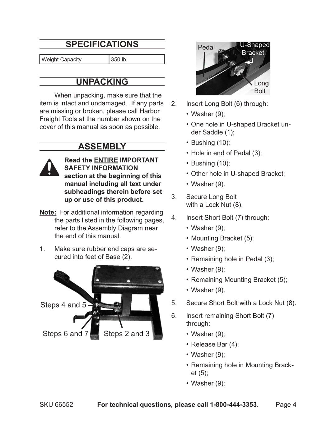 Harbor Freight Tools 66552 operating instructions Specifications, Unpacking, Assembly 