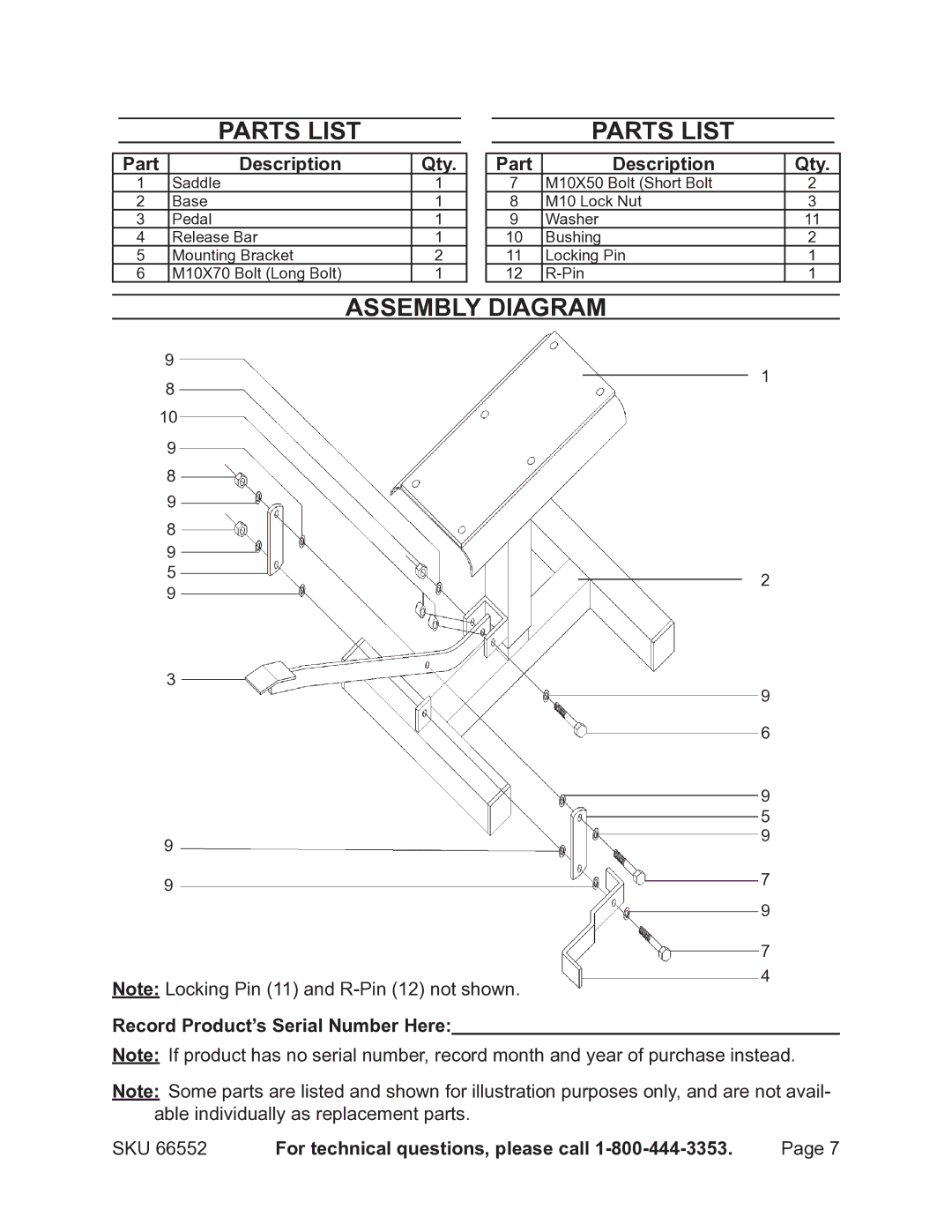 Harbor Freight Tools 66552 operating instructions Parts List, Assembly Diagram 