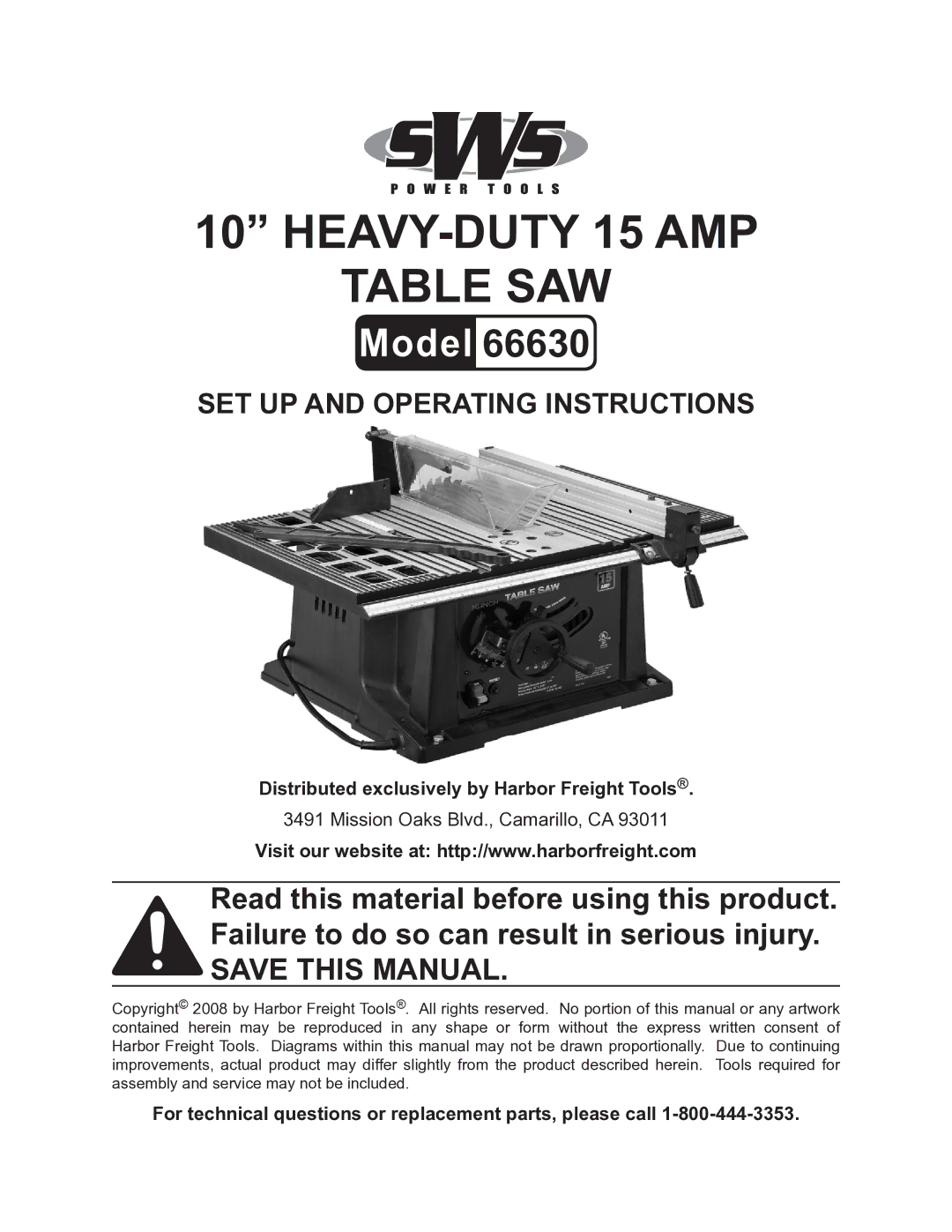 Harbor Freight Tools 66630 operating instructions Distributed exclusively by Harbor Freight Tools 