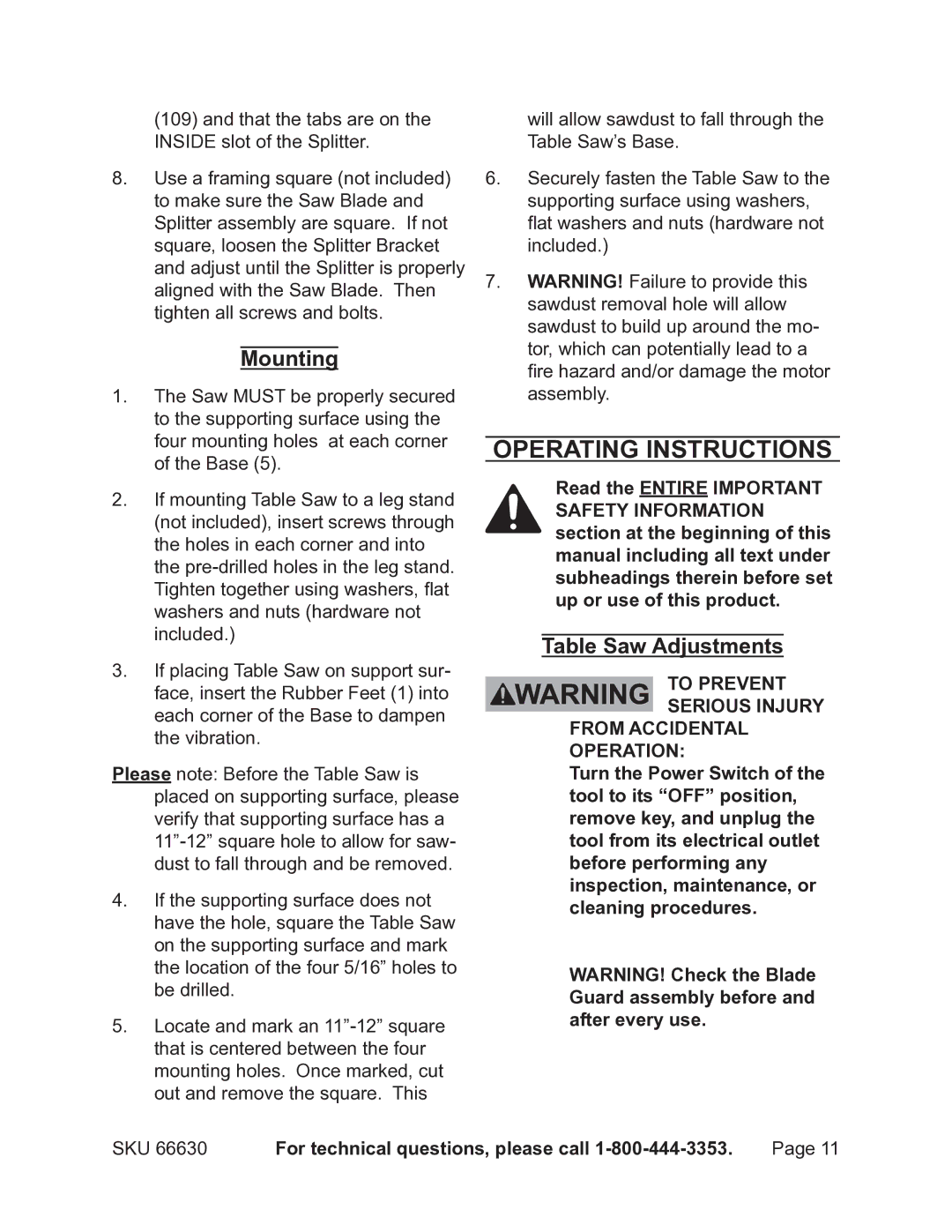 Harbor Freight Tools 66630 operating instructions Operating Instructions, Mounting, Table Saw Adjustments 