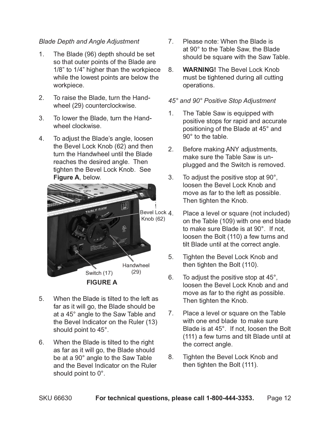 Harbor Freight Tools 66630 operating instructions Blade Depth and Angle Adjustment, Positive Stop Adjustment 