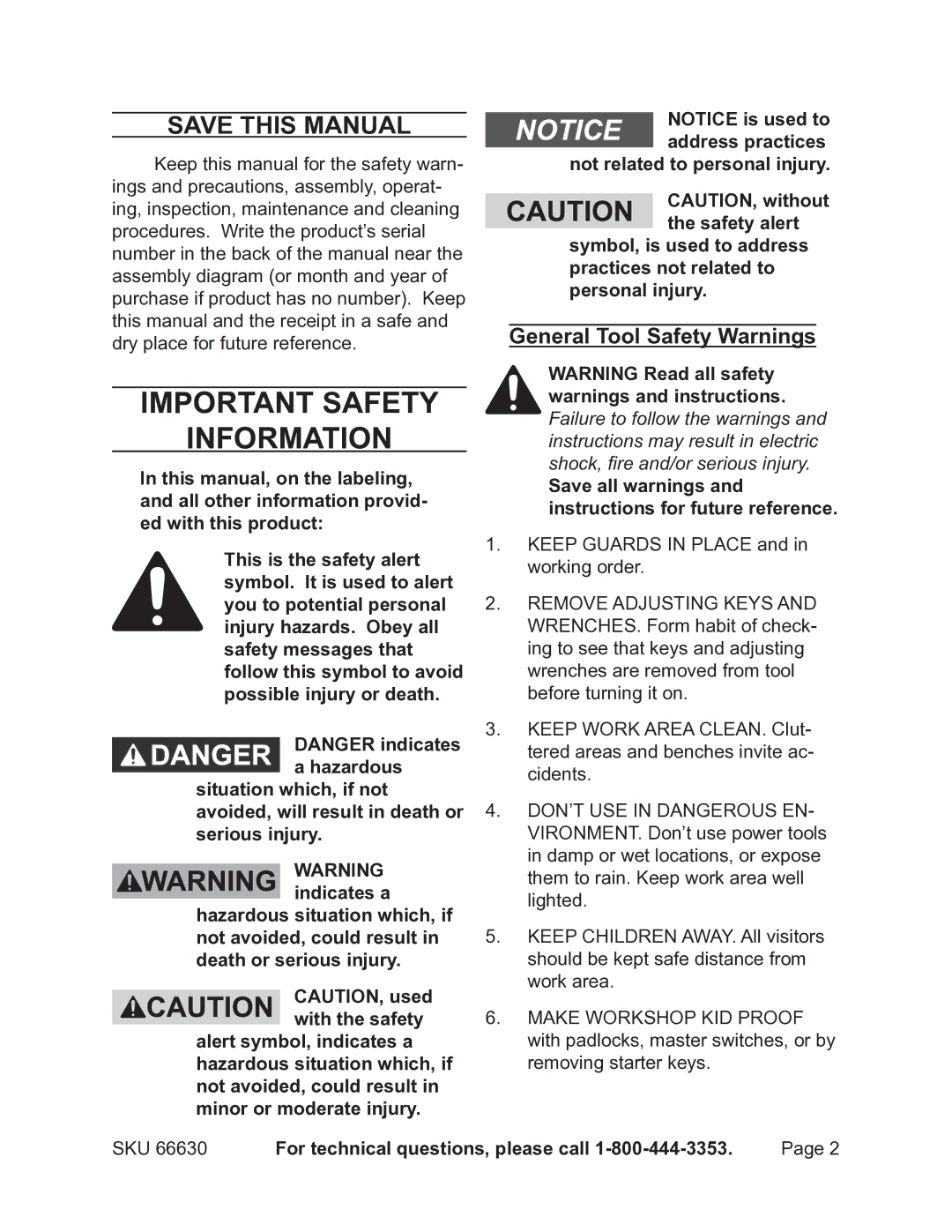 Harbor Freight Tools 66630 Save This Manual, General Tool Safety Warnings, For technical questions, please call 