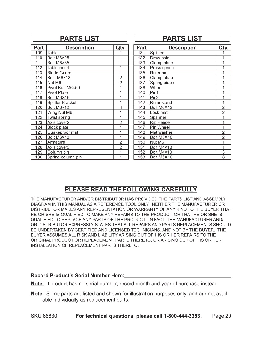 Harbor Freight Tools 66630 operating instructions Please Read the Following Carefully, Record Product’s Serial Number Here 