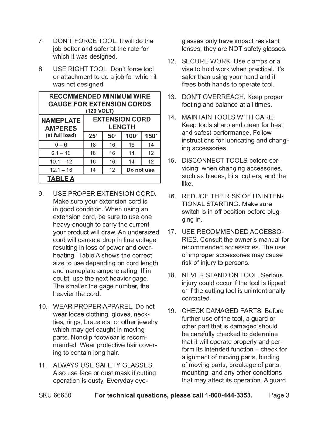 Harbor Freight Tools 66630 operating instructions 25’ 50’ 100’ 150’, Table a 