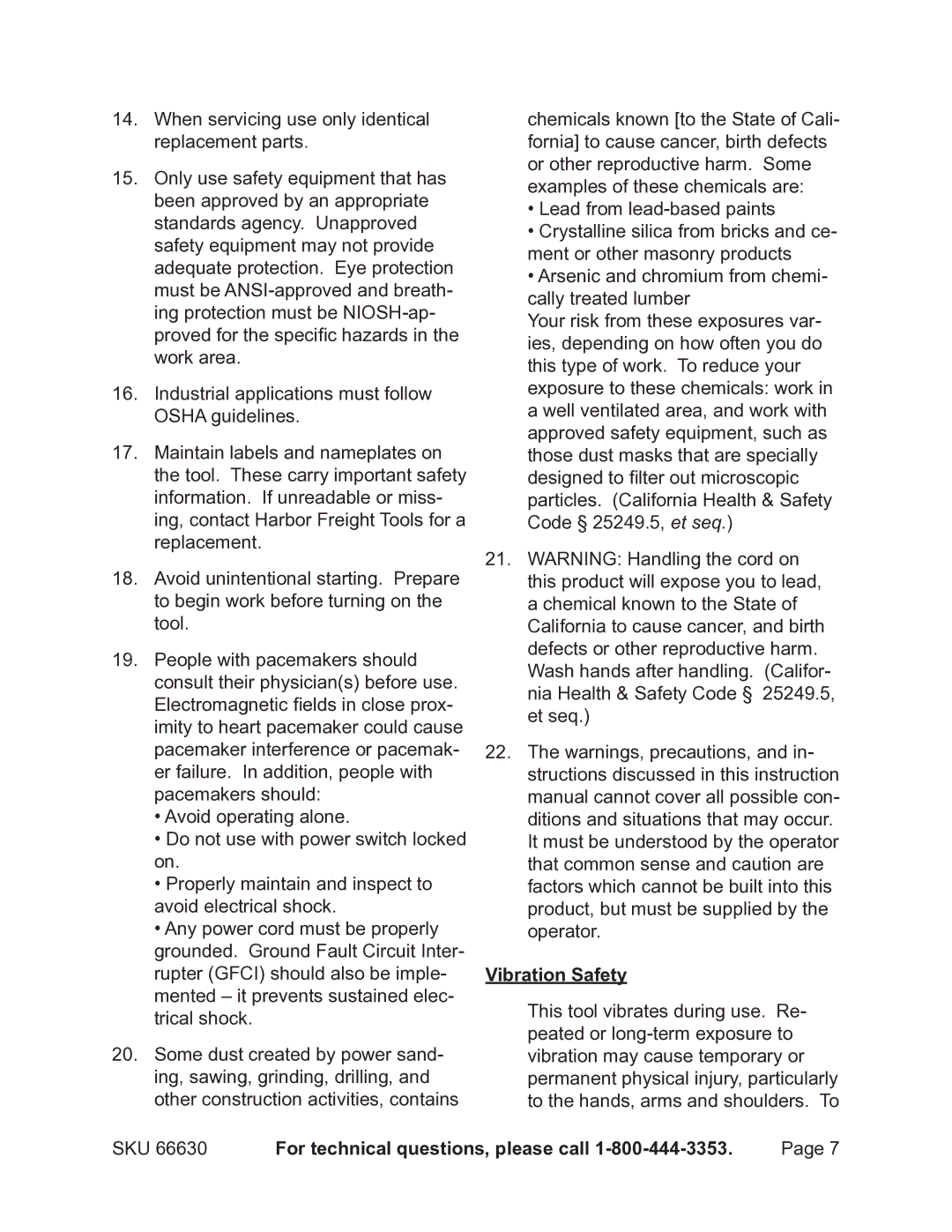 Harbor Freight Tools 66630 operating instructions Vibration Safety 