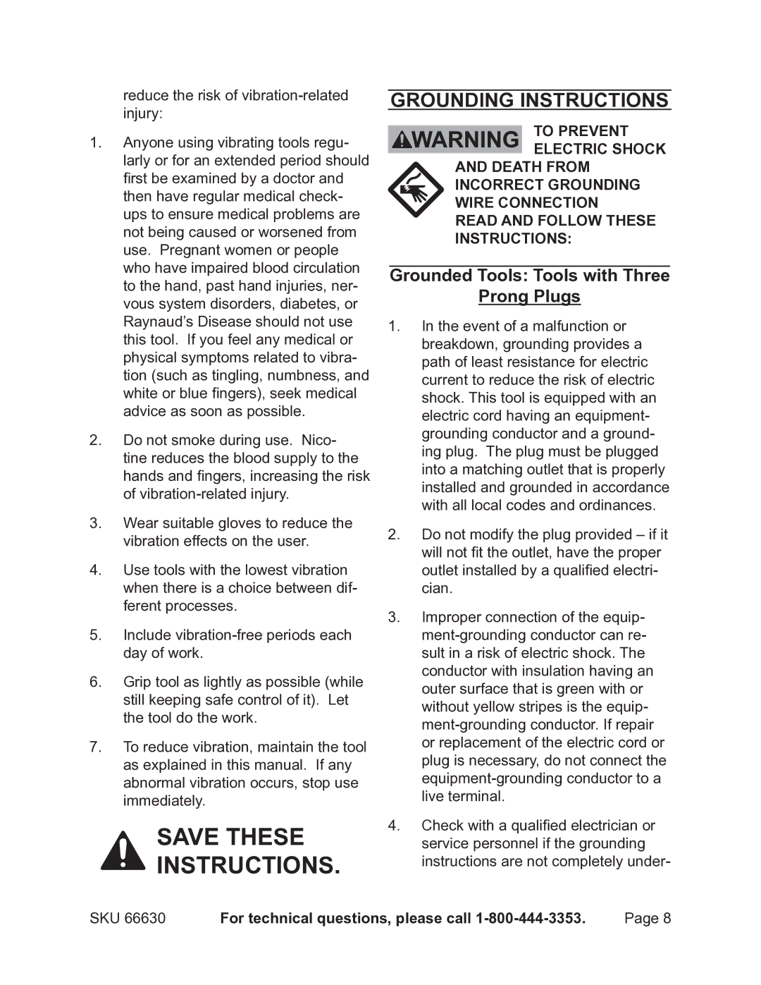 Harbor Freight Tools 66630 operating instructions Grounding Instructions, Grounded Tools Tools with Three Prong Plugs 