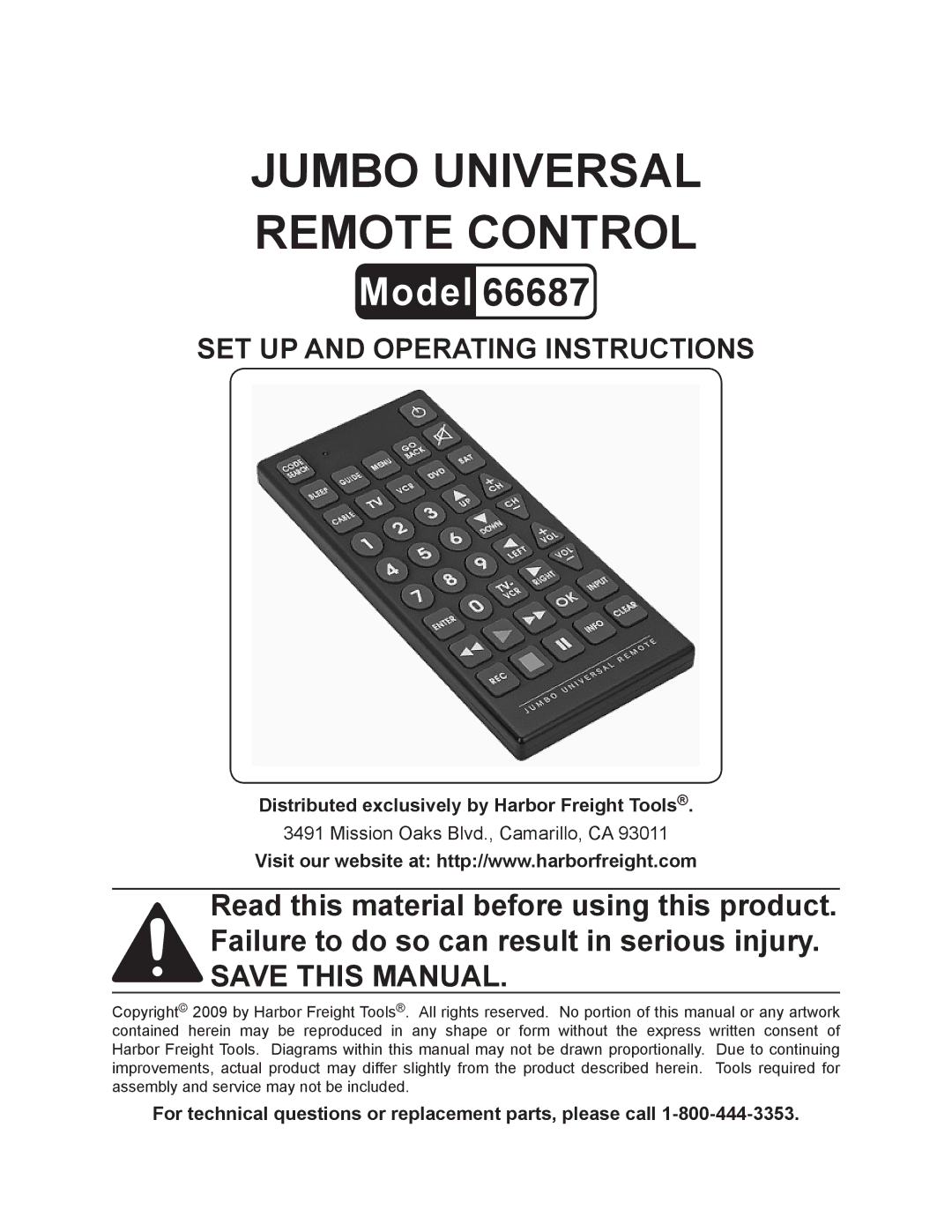 Harbor Freight Tools 66687 operating instructions Jumbo universal remote control 